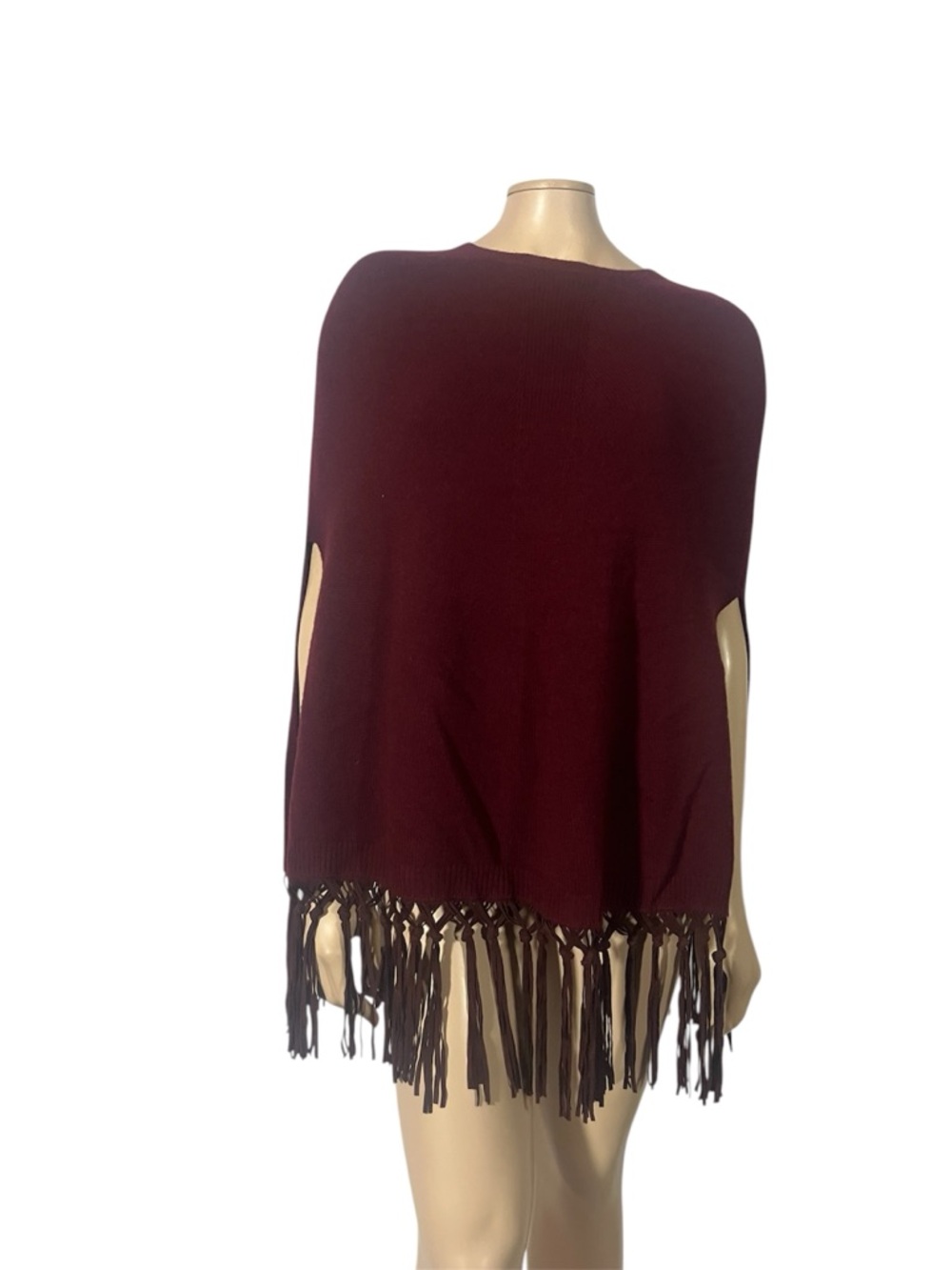 Women’s Burgundy Fringe Poncho Sweater Cashmere Leather